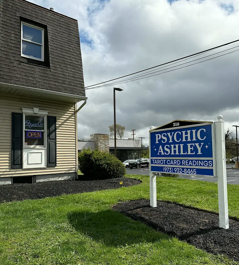 Psychic Ashley at 316 US Highway 46 in Rockaway, NJ — the blue roadside sign and studio